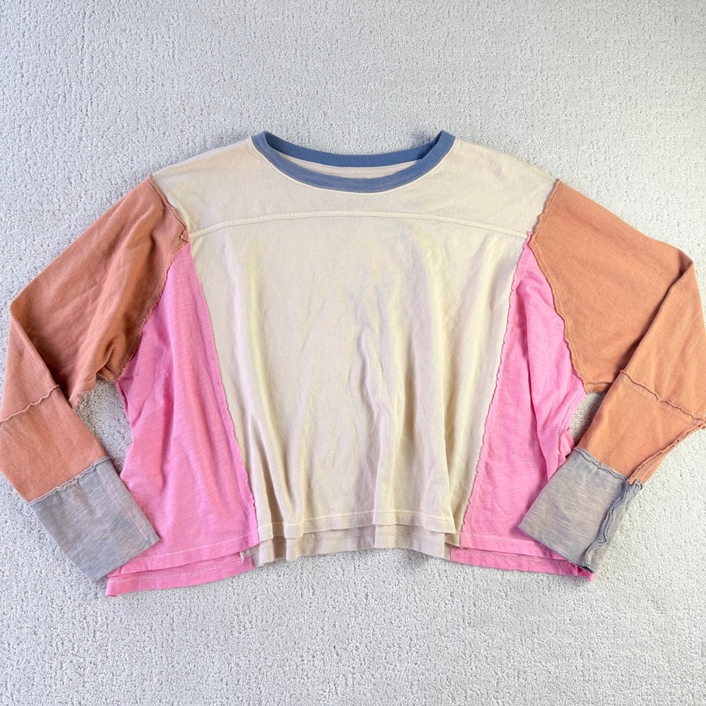 We The Free Free‎ People Corey Color Block Pullover Shirt Pink Cream Large